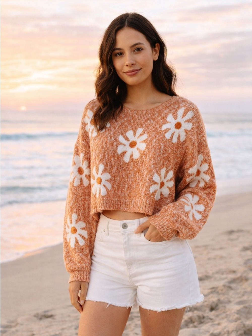 Boho Daisy Floral Cropped Sweater Orange White Retro Knit Medium